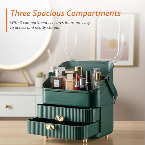 Image of Amazon Basics Glossy HIPS+PS Cosmetic Storage Organizer | 28 x 18 x 36 cm | 3 Compartments | Waterproof & Dustproof Lid | Green