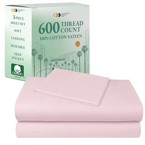 California Design Den 5-Star Hotel-Quality Twin Bed Sheets Cotton, 100% Cotton Sheet Set - 600 Thread Count Sateen with Deep Pockets (Blush Pink)