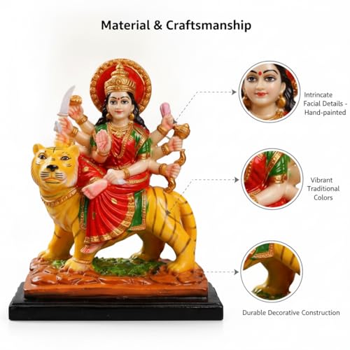 Image of Durga Maa Idol Sitting on Tiger Resin Murti for Home Temple & Pooja Room | Sherawali MATA Murti Small Size for Navratri Decoration | Durga MATA Idol for Home Decor (21 cm)