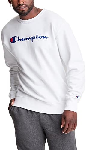 Champion Powerblend Fleece Crew Sweatshirt for Men, Crewneck, (Reg. or Big & Tall), White Script, Small