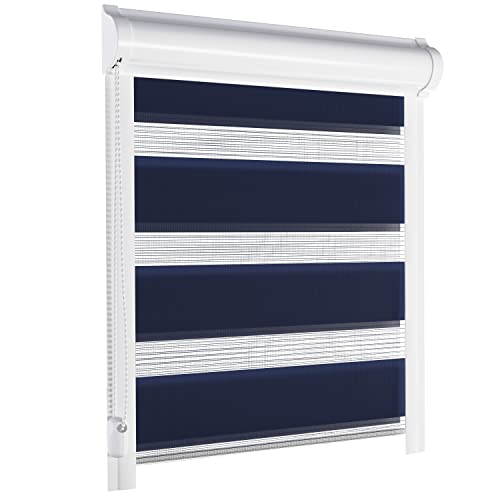 schattenfreu.de Doppelrollo mit Kassette nach Maß | Zum Ankleben ohne Bohren | Optional zum Anschrauben | Lichtdurchlässig | Für Fenster und Türen | Dunkelblau