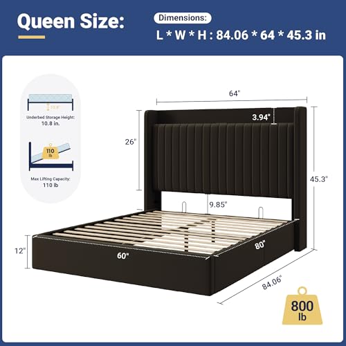 Image of Allewie Queen Size Lift Up Storage Bed Frame,Storage Shelf Headboard with Charging Station,Type-C and USB Ports,Hydraulic Support,Velvet Upholstered Bed Frame,No Box Spring Needed,Black