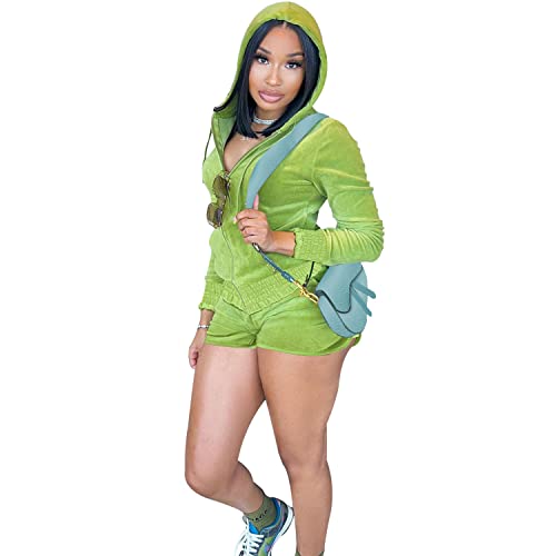 Nhicdns Survêtement 2 pièces pour femme avec fermeture éclair et haut court à manches longues et short sexy en velours, 1 Vert, X-Large Cover