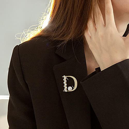 Image of Crystal Pearl Initial Brooch Gold Plated Rhinestone D Letter Alphabet Breastpin Pin Jewelry for Gifts