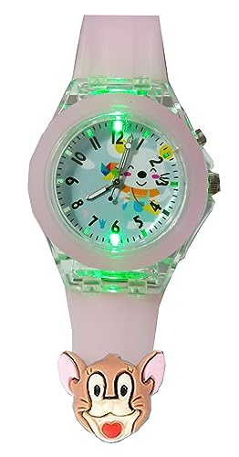 Acnos 3 Cartoon Analouge Multi Function Watch For Kids Analogue Watch With 7 Color Glowing Disco Light Watch With 3D Cute Cat Cartoon, Pink Polyurethane Band