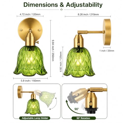 Image of Vintage Gold Wall Sconces - Hardwired Wall Mounted Light Fixtures with Clear Green Tulip Glass Lampshade, 2 Usage Methods Wall Light fixtures for Bathroom Mirror Living Room Hallway Bedroom Wall Decor