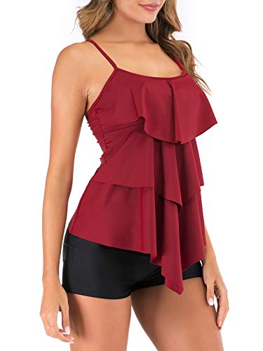 FLYILY-Damen-Zwei-Stuecke-Tankini-Rueschen-Volant-Geschichtet-Bademode-mit-Boy-Legs-Shorts-Rueschen-Grosse-Groessen-Bademode-Badeanzug