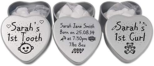 Personalised New Born Baby Boy or Girl Gift Set of 3 silver Heart tins with Babys Details and first Tooth and First Curl (Design 1, All With Pink colour Chocolate dragees)