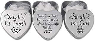 Personalised New Born Baby Boy or Girl Gift Set of 3 silver Heart tins with Babys Details and first Tooth and First Curl (Design 1, All With Pink colour Chocolate dragees)