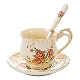 Wunderschönes Kaffeeset der Marke Panbado in Cremefarbe. 3-teiliges Set bestehend aus Kaffeetasse, Untertasse und Löffel