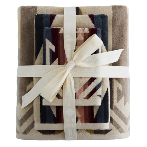 Pendleton 3 Piece Bath Towel Set - Bath Hand and Washcloth 100% Cotton Shower Towels Soft and Highly Absorbent Quick Dry Fade Resistant for Bathroom Hotel and Spa - White Sands Tan