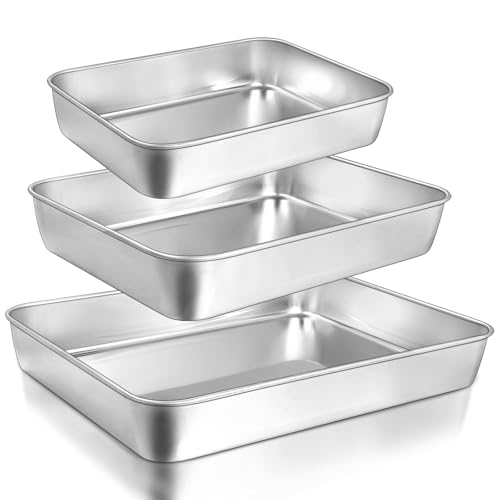 Baking Pans Set of 3, Commercial Grade Stainless Steel Cookie Pan for Baking, 12/10/9 Inch, Rectangle Bakeware Set for Cakes Breads Lasagna Casseroles, Rust & Warp Resistant & Nonstick, Heavy Duty