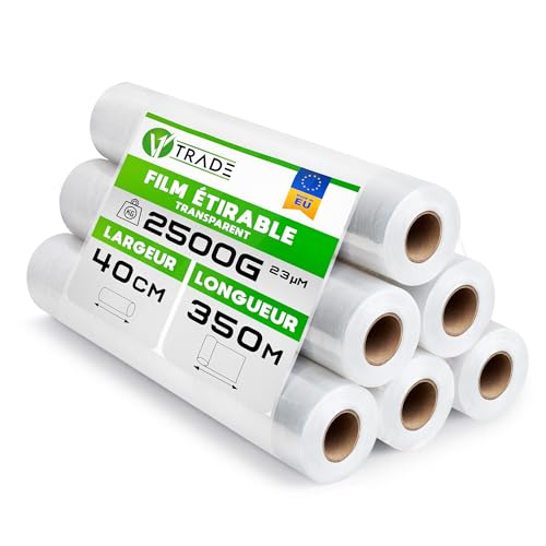 V1 Trade Film Etirable Demenagement - 6 Rouleaux Film Palette Transparent 40cm x 350m - Plastique Protection pour Colis et Meubles