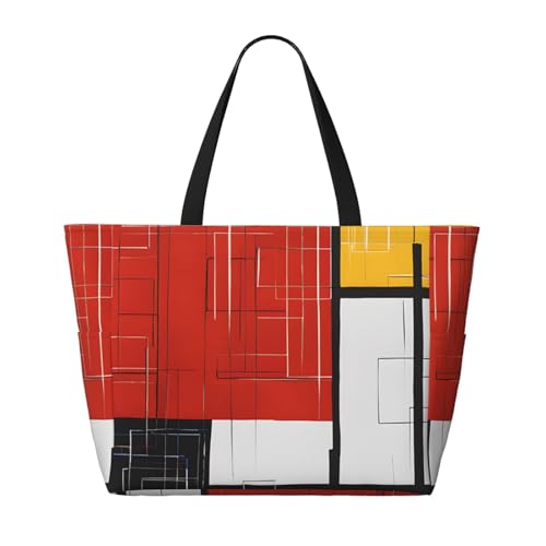 (Composition In Red Yellow Blue And Black) Large Beach Tote Bag For Women With Zipper Foldable Lightweight Travel Pool Bag For Vacation Shopping2