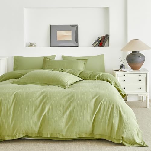 SUSYBAO Jacquard Checkered Duvet Cover Queen 100% Cotton 3 Pieces Set 1 Avocado Green Textured Duvet Cover with Zipper Ties 2 Pillow Shams Ultra Soft Green Hemmed Plaid Bedding Set