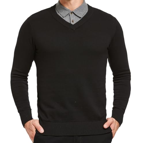 JustSun Mens Jumper Classic Sweater with V-Neck and Long Sleeve Black Small
