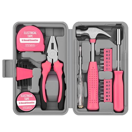 24pc Pink Tool Kit for Women Small Tool Box with Tools Included Mini Tool Kit Set with Hand Tools like Screwdriver Set & Hammer Portable Toolbox for Home Use Ideal for Ladies Daily DIY & Repairs