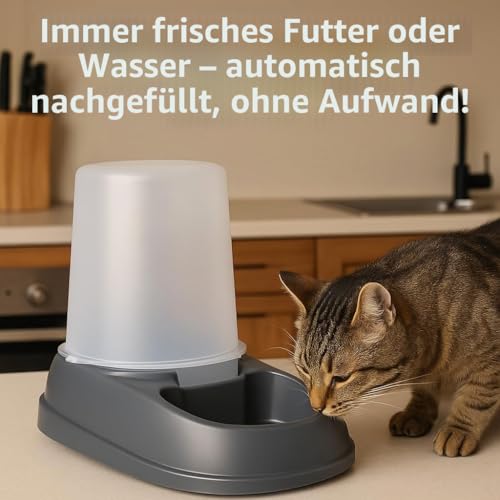 Automatischer Futter- und Wasserspender für Hunde und Katze - 2,5L - Futterautomat Katze - Futterspender Katze - Wasserspender Katzen Hunde - Flamingo Raja grau