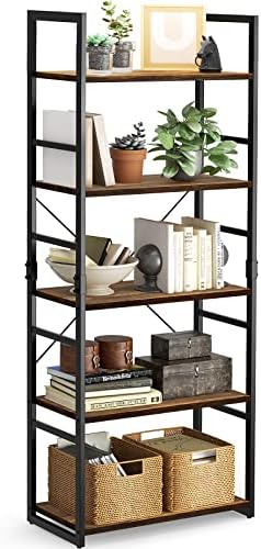Pipishell Bookshelf, 5-Tier Bookcase, Storage Rack Shelf, Tall Ladder Shelf Organizer, Display Shelf with Steel Frame, Vintage Standing Shelf for Home Office, Living Room, Bedroom, Kitchen, PISS02