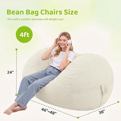 Image of 4FT Bean Bag Chair 4'Big Bean Bag Chairs with Adults, Large Beanbag Chair | Bean bag Lounger with Machine Washable Cover Fine Corduroy Fabric, Comfy Chairs for Living Room Bedroom Dorm, Beige