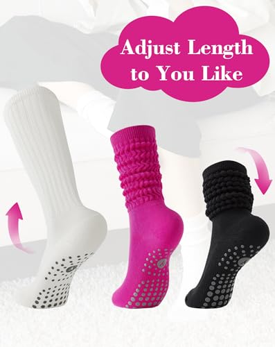 Image of Yawlsow Pilates Socks with Grips for Women Yoga Ruffle Grippy Non Slip Long Slouchy Scrunch Socks for Barre Workout Hospital