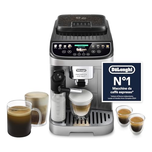 De’Longhi Magnifica Evo Next – Perfetto Macchina da Caffè Automatica, LatteCrema Montalatte Automatico, 13 Bevande in un Solo Tocco, Display Touch a Colori, Argento e Nero (ECAM312.80.SB)