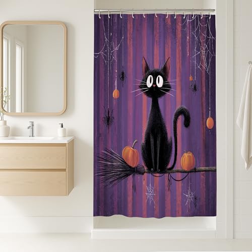 Tenda da doccia a forma di gatto di Halloween, decorazione da bagno con ragno viola e nero, tenda da doccia moderna in tessuto impermeabile con ganci, 91 x 183 cm