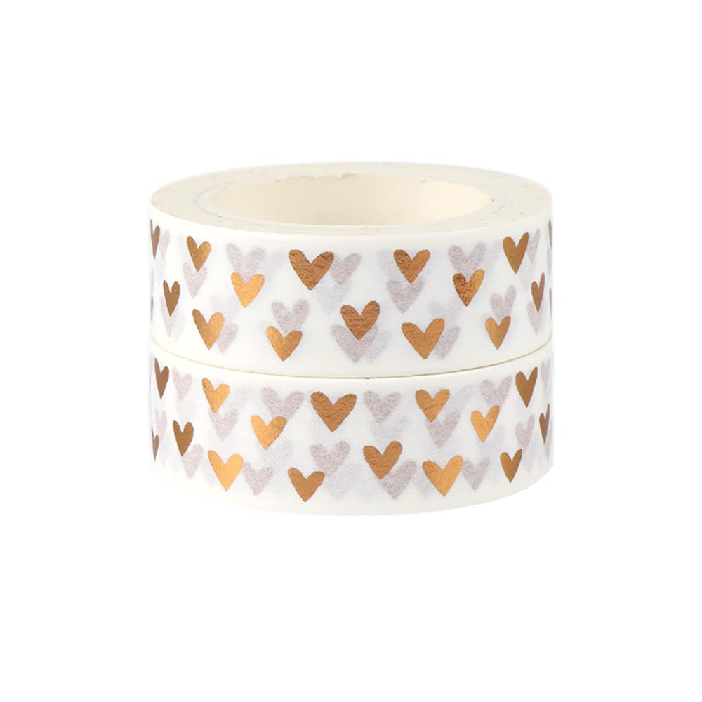 NatSumeBasics 2 Love Washi Tapes Hearts Scrapbook Tape Glitter Foil Masking Tapes for Decor Holiday Wedding (Bronze Hearts Tape)
