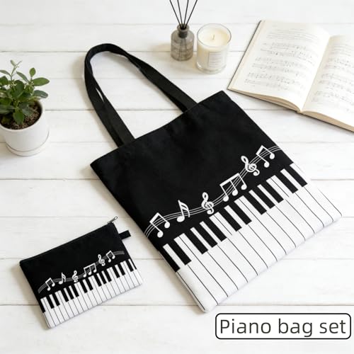 Bolso tote de lona con diseño de teclas de piano y notas musicales, con bolsa complementaria – Conjunto reutilizable para amantes de la música, accesorios de almacenamiento para profesores, negro y blanco miniatura 3