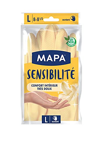 MAPA - Sensibilité - Gants de Ménage en Latex Intérieur Coton et Soie - Grand Confort d'utilisation et Extra Doux - Taille L - Lot de 3