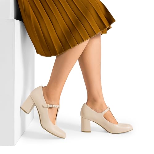 DREAM PAIRS Low Chunky Heels for Women T-Strap Mary Jane Pumps Wedding Dress Shoes DPU211,Size 7,Nude/pu,DPU211 - Image 4