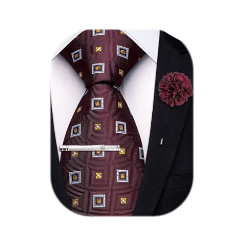 Image of Hi-Tie 63 inches Striped Paisley Extra Long Ties for Men Silk Necktie with Lapel Pin Tie Clip Big and Tall Men Formal Wedding
