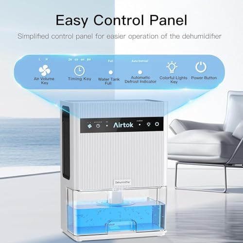 AIRTOK Dehumidifier 3000ML, 350 sq.ft Quiet Dehumidifier for Home, Bedroom, Bathroom, Closet, RV with Auto Defrost, 7 Colours LED Light, Timer, Auto Shut Off - Image 4