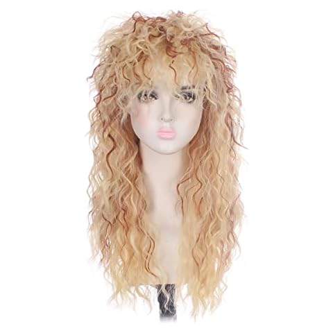Blonde Wig With Fringe,Womens 80s 70s Wavy Curly Long Rocker Punk Cosplay Human Hair Wig for Party Cosplay or Daily … Cover