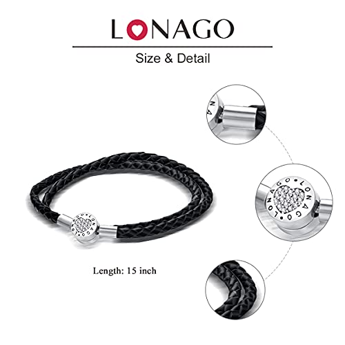 Lonago Moments Double Black Leather Charm Bracelet 925 Sterling Silver Bead Bracelet Jewelry Fit Snake Charms Birthday Gift For Women Mom （15） #TOP5