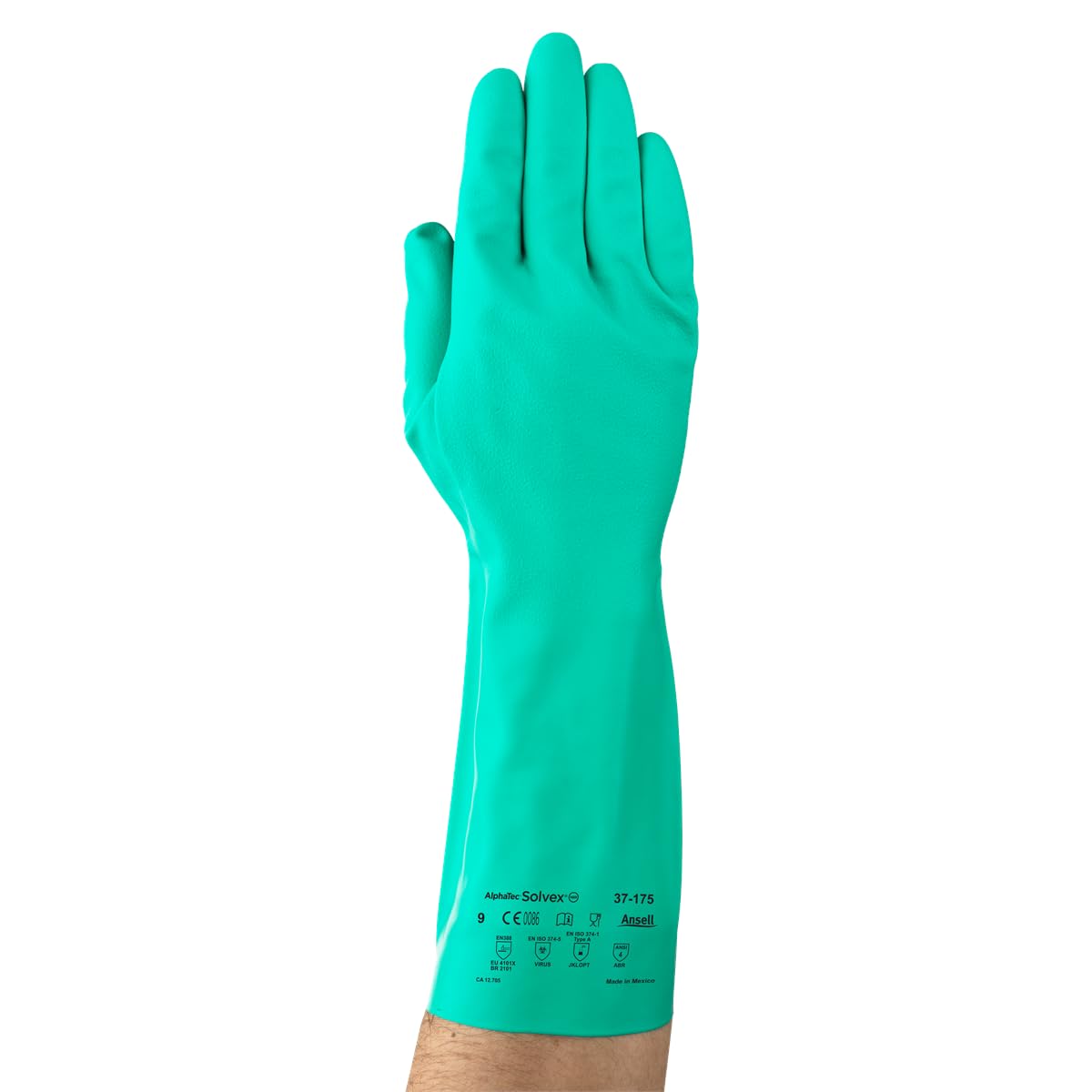 Ansell AlphaTec Solvex 37-175 Flocked Chemical-Resistant Gloves for Cleaning, Agriculture, Food, Mechanics, Oil - Large, Green (12 Pairs)