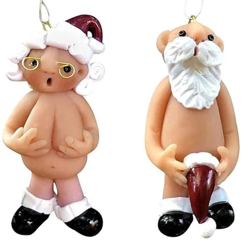 2PCS Christmas Funny Naked Santa Claus Hanging Pendant Male&Female Santa Tree NEW Year Resin Gifts Home Party Decoration (5CM)