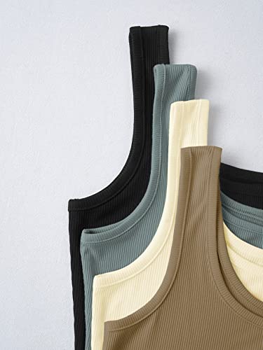 Shein Women's 4 Pieces Scoop Neck Crop Tops Sleeveless Ribbed Knit Casual Cami Tank Top Black Green Beige Khaki Small #TOP3