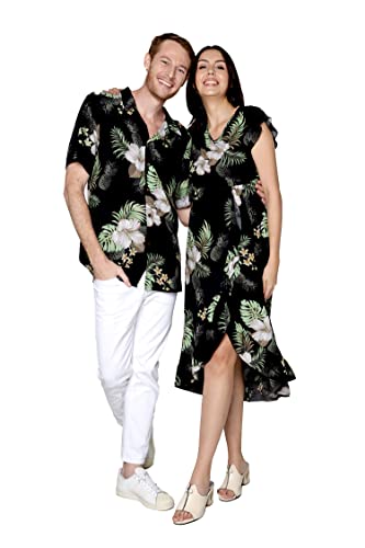 Matchable Couple Hawaiian Luau Shirt or Wrap Ruffle Dress in Pineapple Garden Black