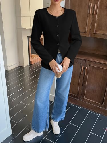 Cicy Bell Womens Business Casual Fitted Blazers Collarless Split Hem Work Office Button Down Suit Jackets4