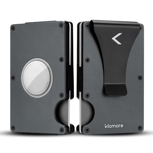 KLOMORE Portefeuille Minimaliste pour Homme avec Support AirTag – Étui à Cartes Compact, Protection RFID, Pince à Billets en Métal et Porte-Monnaie
