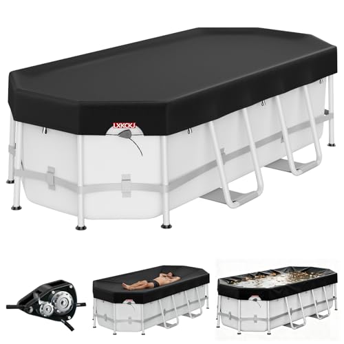 LXKCKJ 8x14 FT Rectangular Pool Cover for Above Ground Pool, Solar Oval Pool Cover Protector, Winter Pool Cover with Accessories Set Ideal for Cold and UV Resistant, Dustproof (Black)