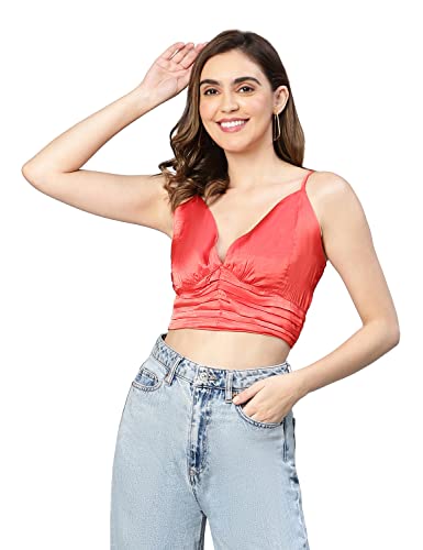 Image of oxolloxo Women Satin Shoulder Strap V-Neck Crop Top