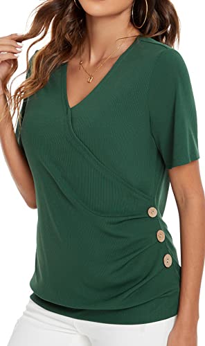 WEIYAN Women's V Neck Wrap Tops Summer T-Shirt Short Sleeve Loose Side Ruched Tunic Blouses(Small,Green)
