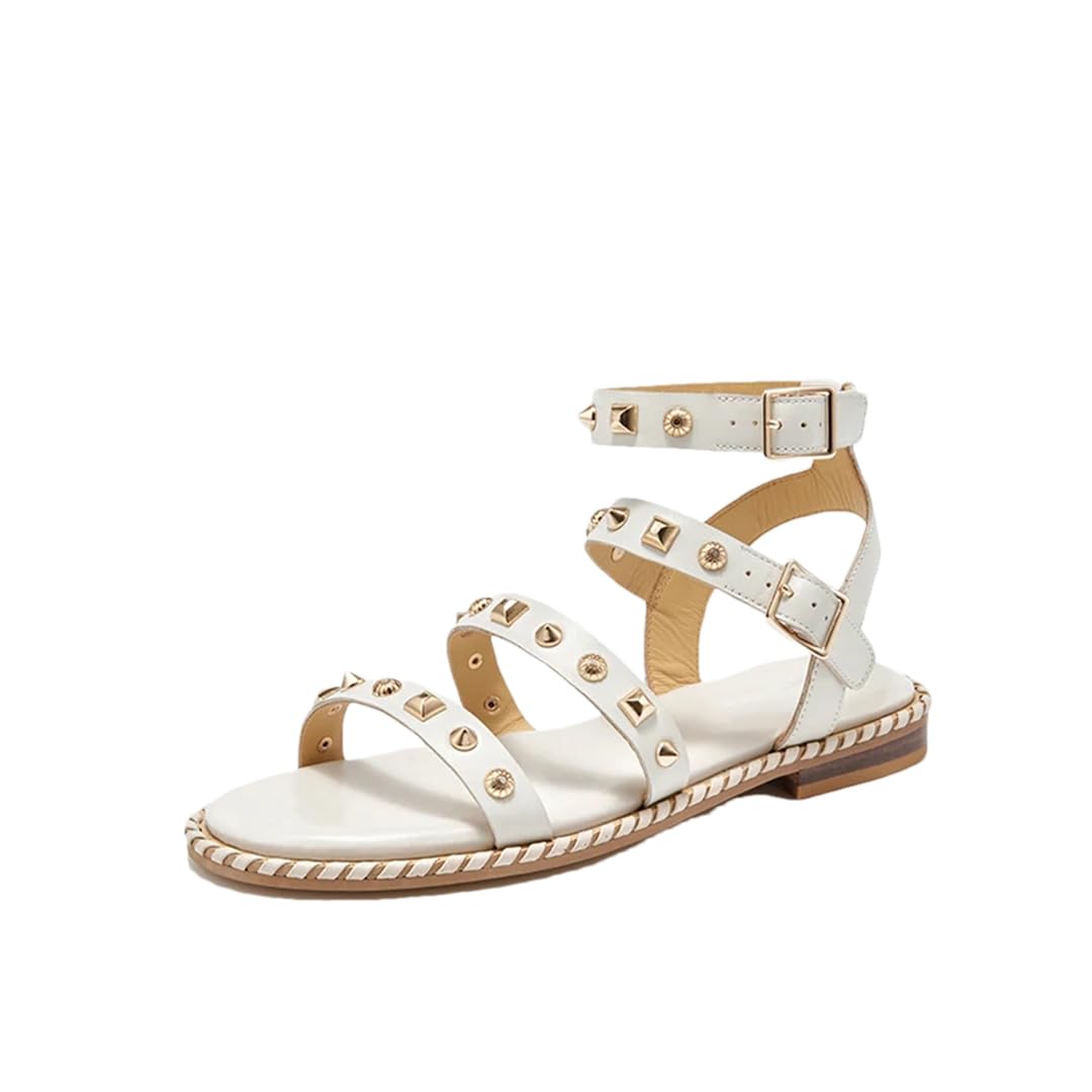 Sandalias básicas de piel de vaca con correa de tobillo y tacón plano para mujer, estilo informal, con hebilla, beige, 40.5 EU