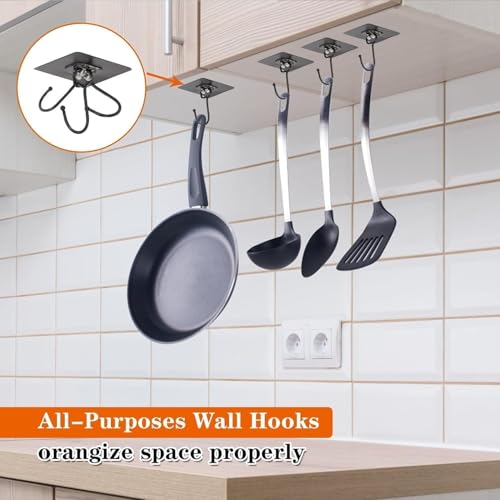 Image of Self Adhesive Wall Hooks Heavy Duty Stainless Steel - Waterproof Oilproof No Drill Hooks for Bathroom, Kitchen, Towel, Clothes, Keys & Hanging Accessories (Black, Pack of 20)