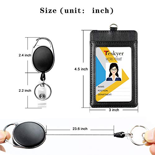 Teskyer 2 Pack Heavy Duty Retractable Badge Holders With Carabiner Reel Clip, Upgraded Retractable Badge Reel X 2 And Vertical Leather Id Card Holder X 2, Black #TOP5