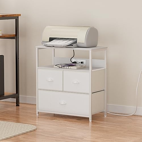 Furnulem White Nightstand with Charging Station, Industrial Bedside Tables with 3 Fabric Drawers and Wooden Shelf for Bedroom, Bedroom Furniture - Image 5