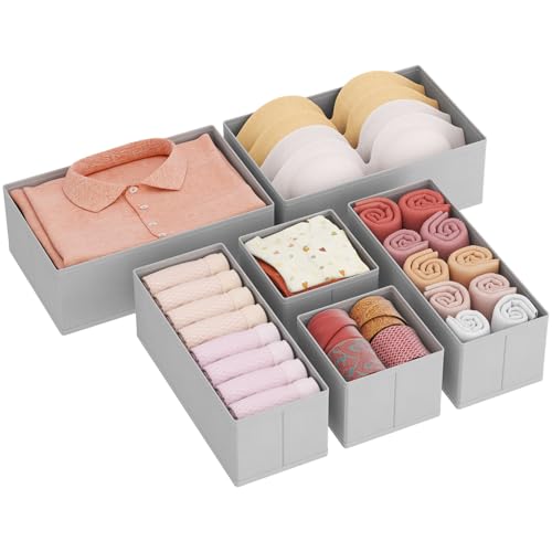 Lifewit 6 Piezas Organizador Cajones de Plegable, Almacenaje Ropa Interior para Armario Vestidor Dormitorio Estantes, Caja Almacenamiento para Separador Calcetines/Corbatas/Cinturones, Gris Claro