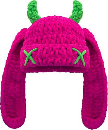 Hshsclth Bunny Chunky Beanie with Devil Horns Chenille Crochet Hat with Long Floppy Ears Cute Goth Rabbit Winter Skull Cap (US Alpha One Size Fuchsia)